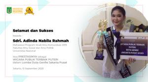 Read more about the article Selamat dan Sukses Kepada Sdri. Adinda Nabila Rahmah atas Prestasinya Menjadi WICARA PUBLIK TERBAIK PUTERI Lomba Duta GenRe Jakarta Pusat