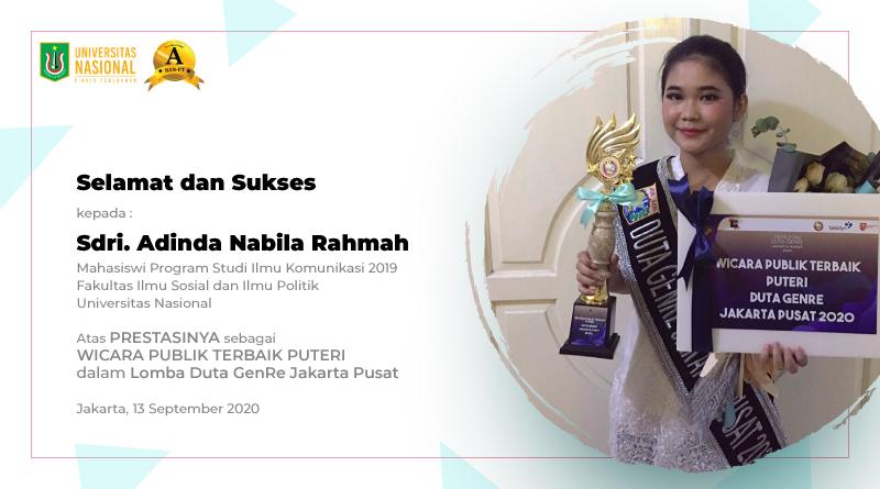Selamat dan Sukses Kepada Sdri. Adinda Nabila Rahmah atas Prestasinya Menjadi WICARA PUBLIK TERBAIK PUTERI Lomba Duta GenRe Jakarta Pusat