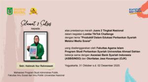 Read more about the article Selamat & Sukses Kepada Sdri. Halimah Nur Rahmawati Atas Prestasinya Meraih Juara 2 Tingkat Nasional