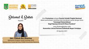 Read more about the article Selamat Kepada Sdri. Fildzah Nur Khairina Mahasiswi Prodi Sosiologi Angkatan 2020 Atas Prestasinya