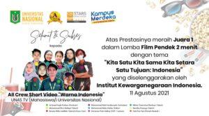 Read more about the article Selamat & Sukses Kepada Mahasiswa/Mahasiswi All Crew Short Video “Warna Indonesia” (UNAS TV)