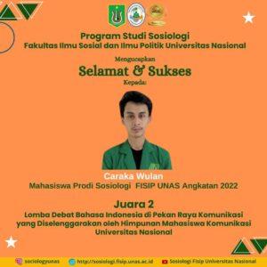 Read more about the article Mahasiswa Sosiologi Unas Juara 2 Lomba Debat Bahasa Indonesia di Pekan Raya Komunikasi HIMAKOM UNAS